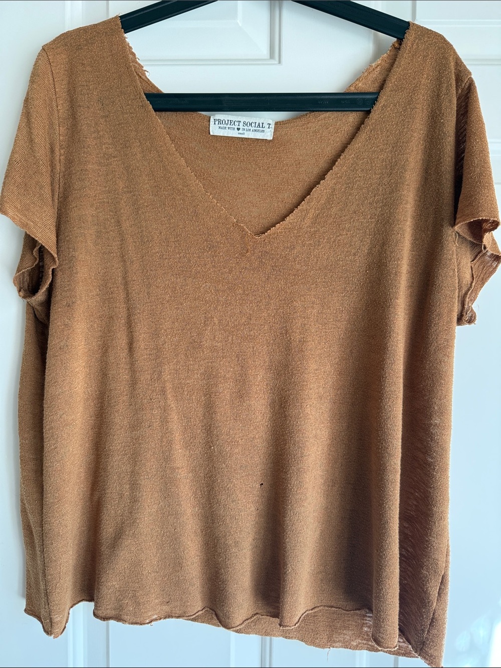 Project Social T Distressed V-Neck Short Sleeve Top in Rust Brown